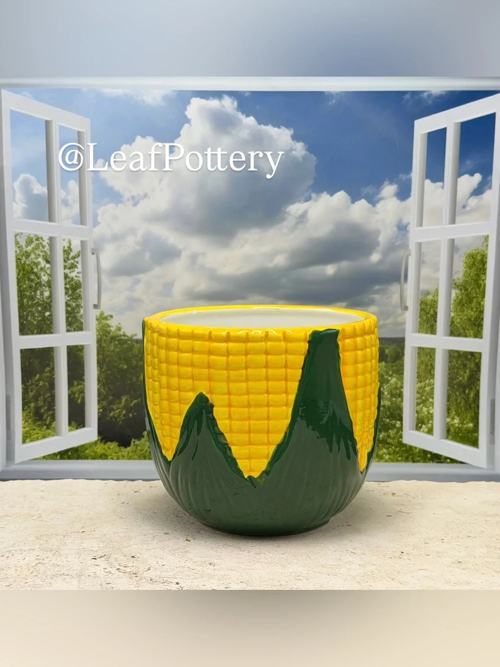 Ceramic Corn Planter - Vintage Style Corn Cob Pot - Yellow and Green Planter